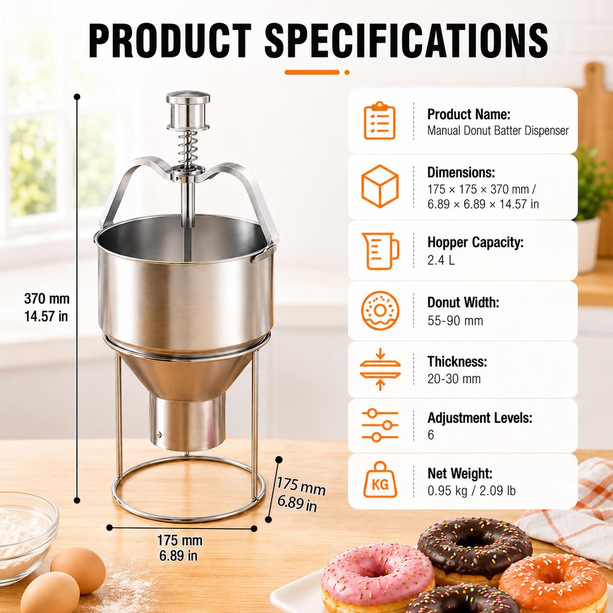 Dispensador Ajustable de Masa para Donuts, Acero Inoxidable