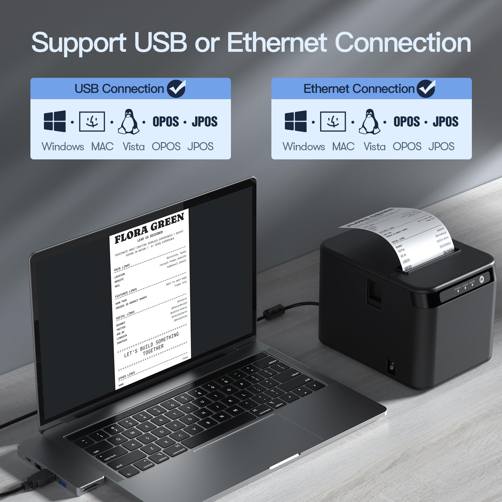 Bisofice Stampante termica da 80 mm, supporta ESC/POS, stampante per ricevute, stampante POS per il taglio automatico, nero (200 mm/s, USB + porta Ethernet)