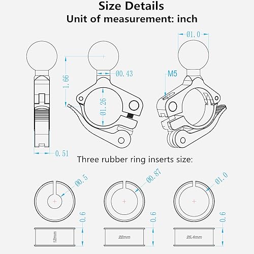 Vista 12 de BRCOVAN Paquete de 2 bases de montaje de abrazadera de manillar de aleación de aluminio con bola de TPU de 1 pulgada para riel de diámetro de 0.5