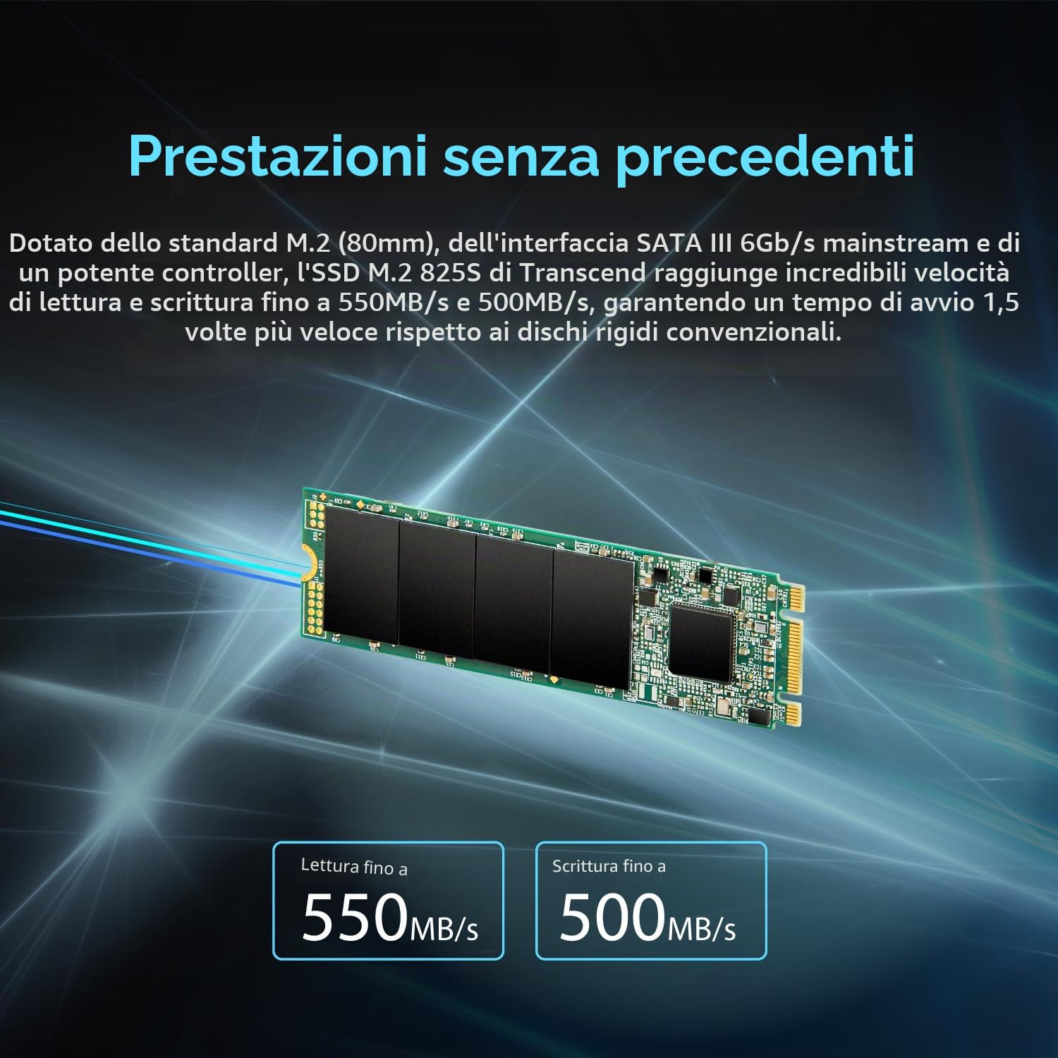 Transcend SSD interno MTS825S M.2 2280 SATA III da 500 GB - 6 Gb/s, memoria 3D NAND, per upgrade laptop/desktop - TS500GMTS825S
