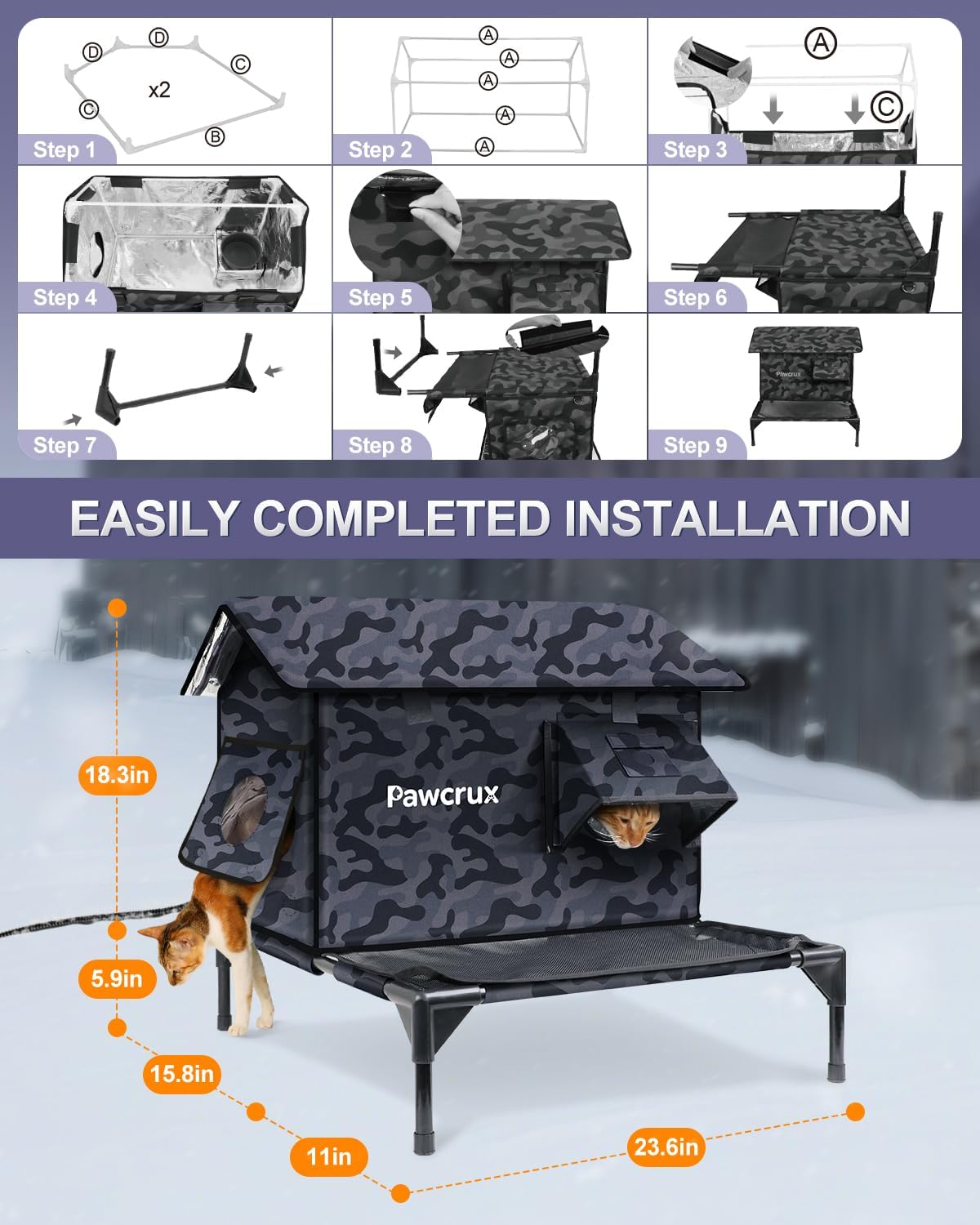 Heated Cat House for Outdoor in Winter, Moisture-Resistant Platform Deck, Waterproof & Insulated, Heated Cat Bed Kitty Shelter Warm Home for Outside Stray Cat