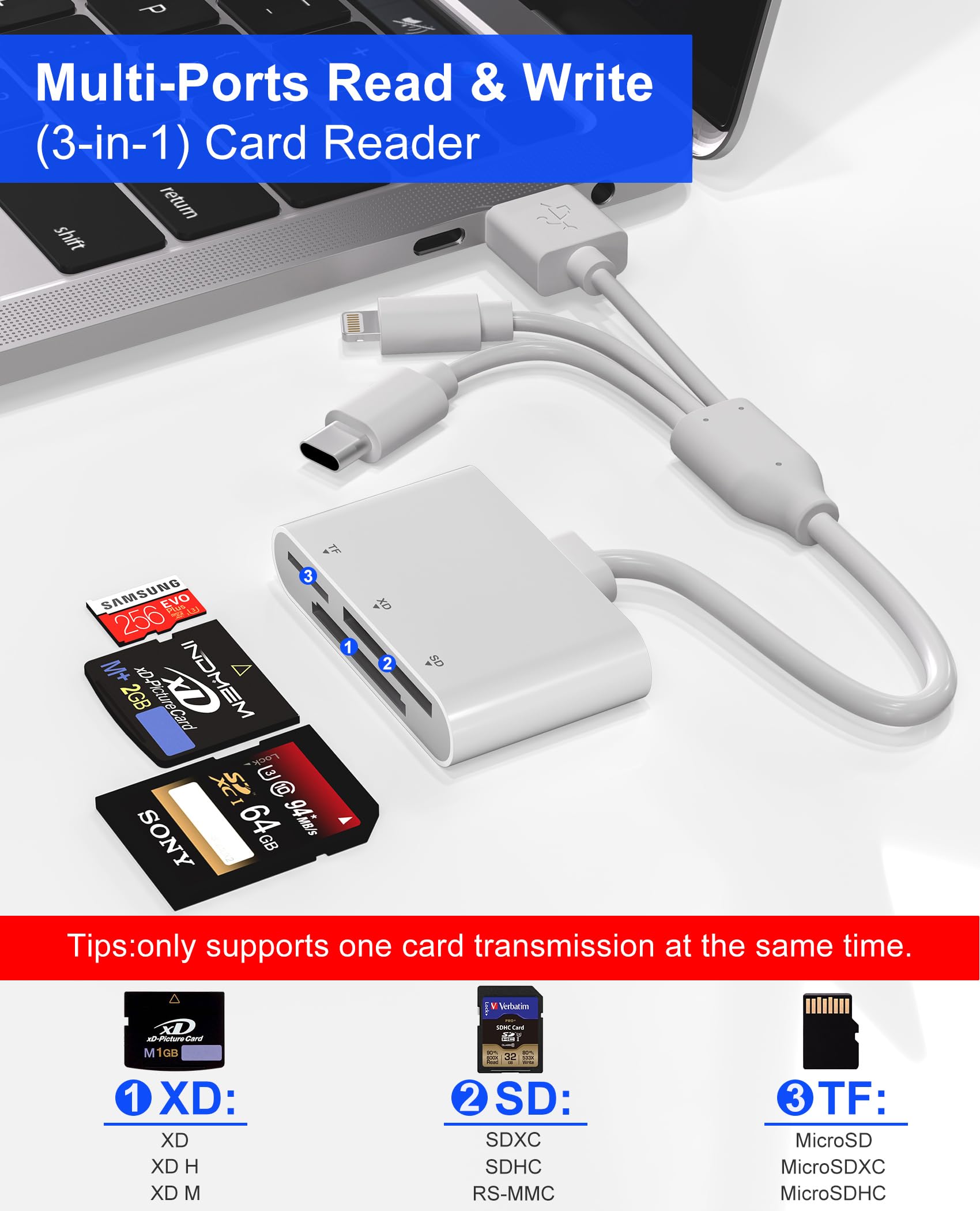 Lector de tarjetas XD, lector de tarjetas SD para iPhone/Lightning/USB C/USB, 3 en 1 MicroSD/SD/xD, lector de tarjetas de memoria, adaptador de teléfono, uso para Android, iPhone 16/15/14, iPad