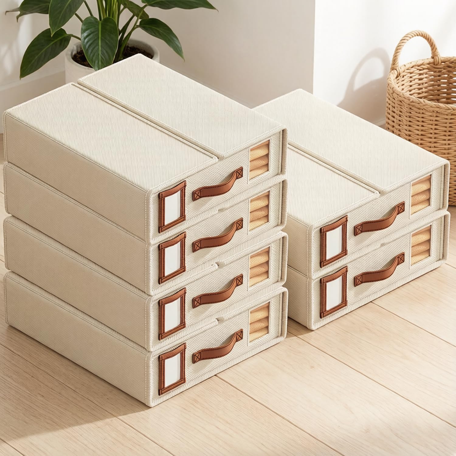 Cajas Organizadoras para Armario, Juego de 6 Cajas de Almacenamiento de Tela No Tejida 38x32x11.5 cm con Ventana Transparente, Asa y Etiqueta, para Ropa, Sábanas, Fundas Nórdicas y Mantas, Beige