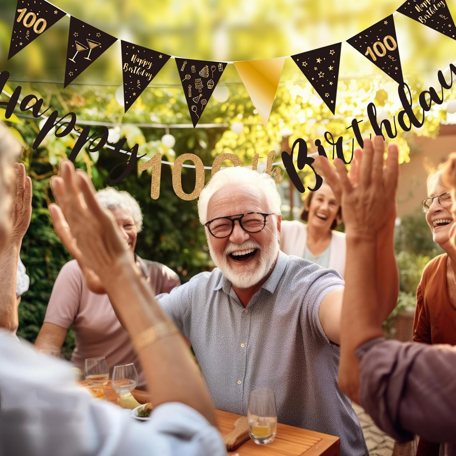 BRT Bearingshui Happy 100th Birthday Triangle Flag Banner Bunting Swirls Streamers Decoration Kit for Birthday Party Decorations Supplies Black and Gold 100th - Image 6