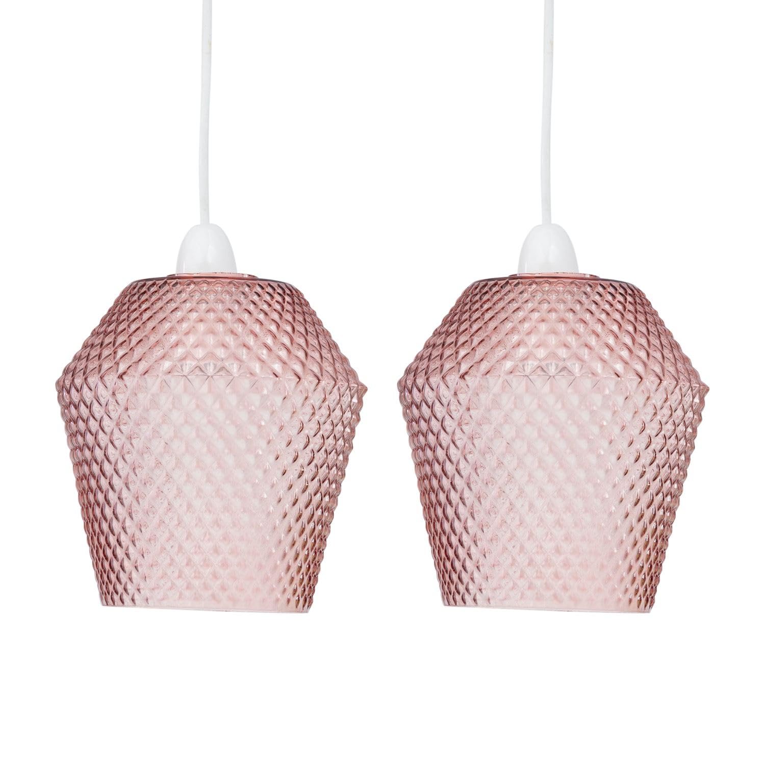 Firstchoicelighting Pink Set Of 2 Glass Easy Fit Ceiling Lightshades Or Pendant Shades, Textured Glass, Height 17Cm Diameter 17Cm