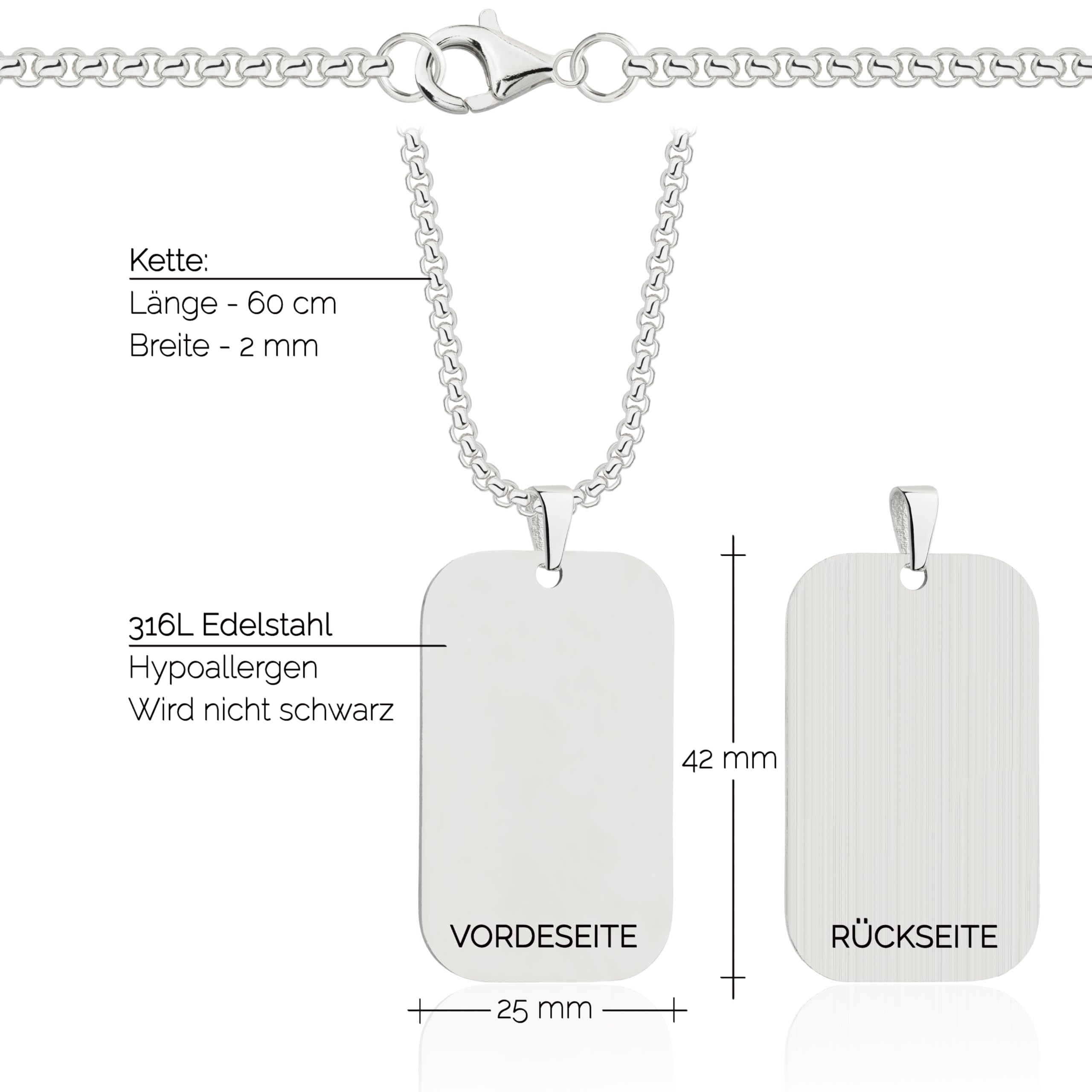 Targhetta fotografica personalizzata con incisione laser – 25 x 42 mm ciondolo con fotografia, catena da 60 cm – Collana Dog Tag – ID catena con foto per uomo e donna – Idea regalo