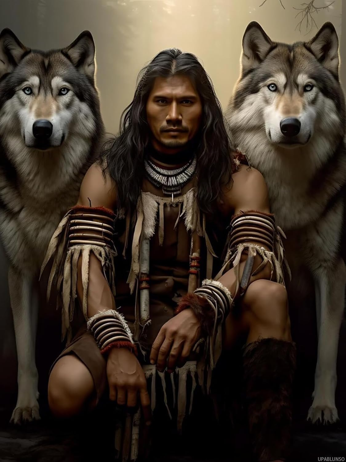 UPABLUNSO Native Americans Man with Two Wolves Diamond Painting Kits for Adults Native American Indian Diamond Art Painting, Full Round Diamond Art Kits, Home Wall Decor 12x16 inch