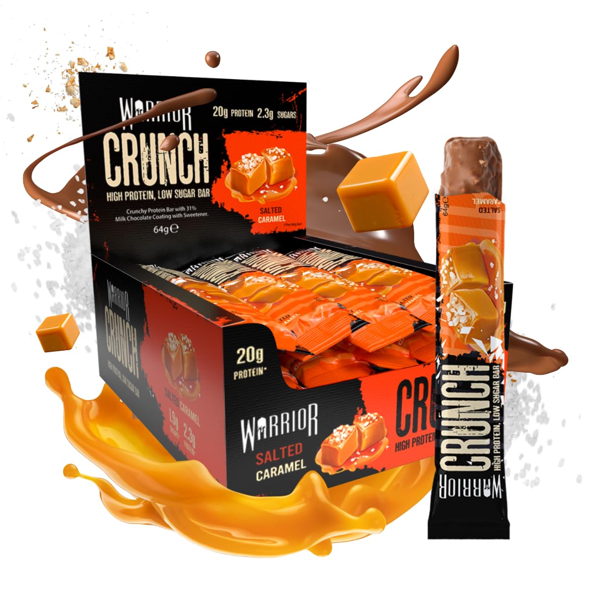 Warrior Crunch High Protein Low Carb Bar, 64 g, Salted Caramel, Pack of 12