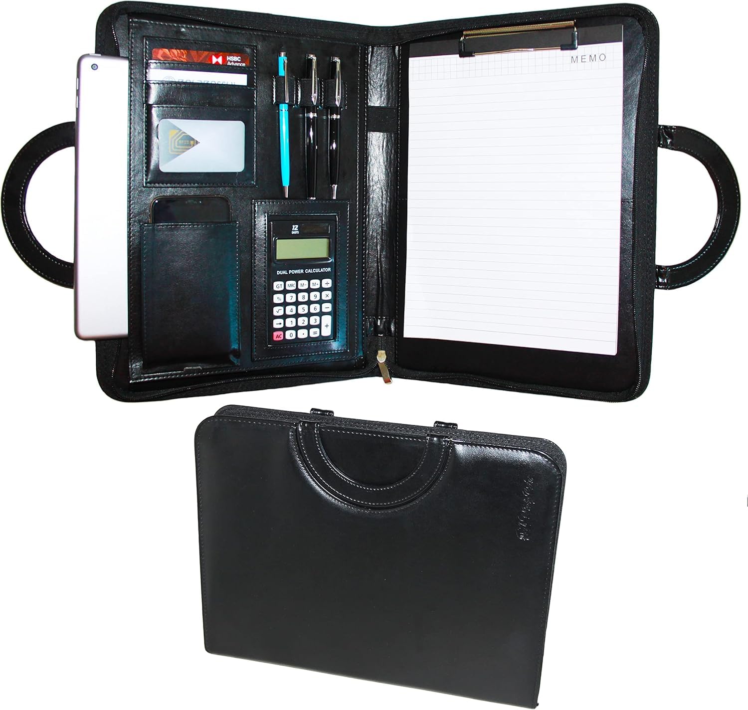 Business Portfolio Folder with Zipper, Professional Leather Folder for Office, Students & Daily Use, Padfolio Leather File Folder with Pockets A4 Writing Pad, Notepad & Calculator