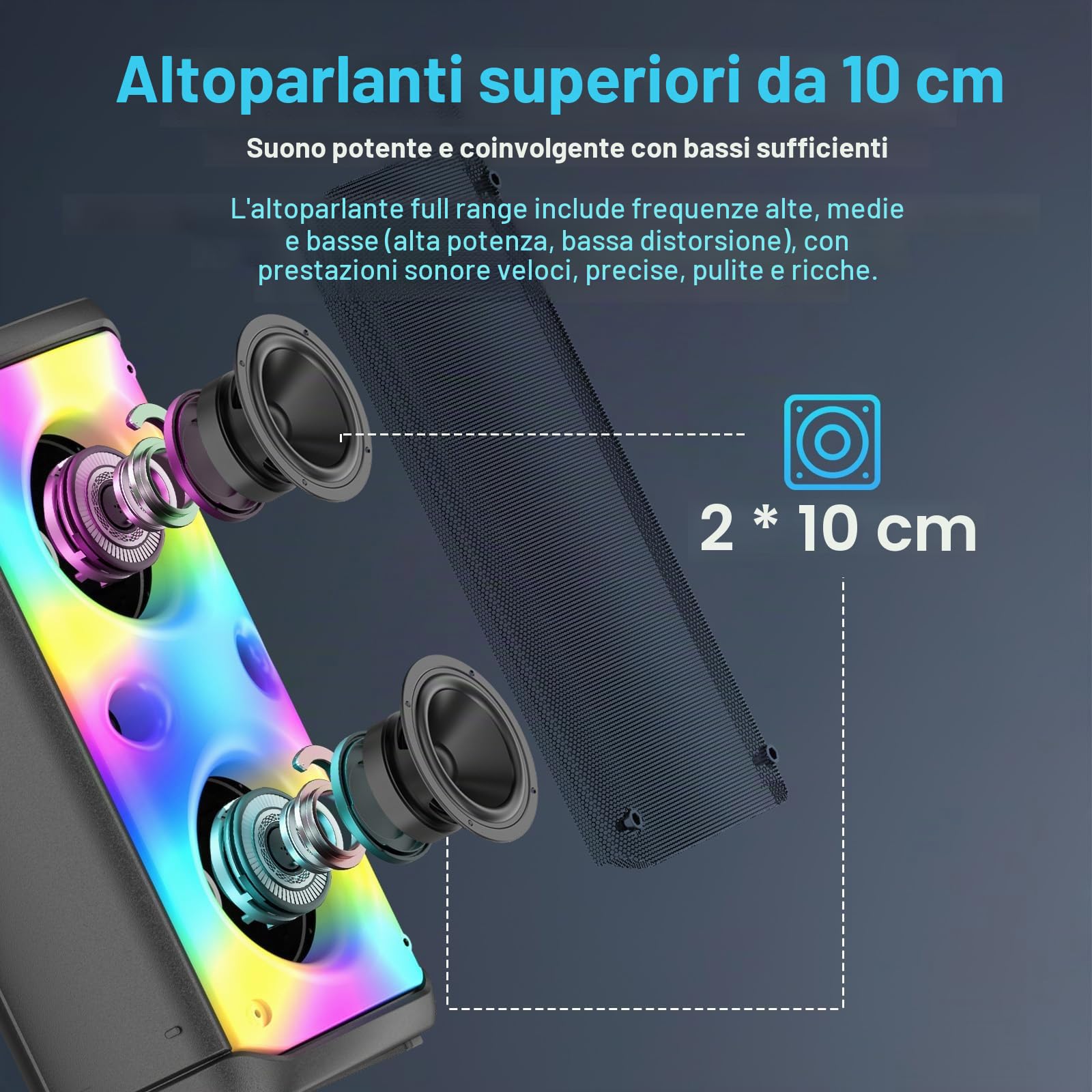 Altoparlante Bluetooth, 80 W, wireless, TWS, portatile, per feste all'aperto, con subwoofer, bassi profondi, luci LED colorate, suono stereo forte con microfono per casa, campeggio, viaggi