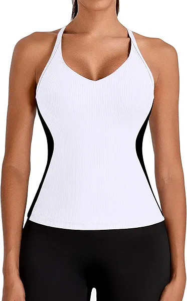 BMJL Womens Ribbed Workout Tank Tops Built in Bras Color Block Athletic Yoga Shirts Racerback Camisole