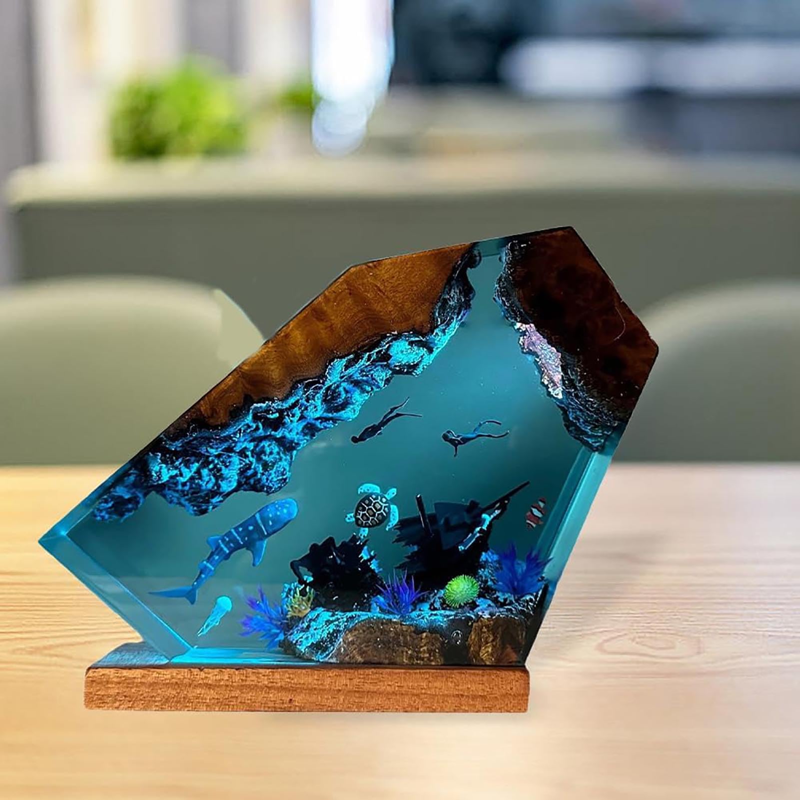 Lámpara de mesa Diver, luz nocturna de resina con decoración de tortuga y océano, lámpara de madera Art Deco para el hogar, oficina, dormitorio, regalo