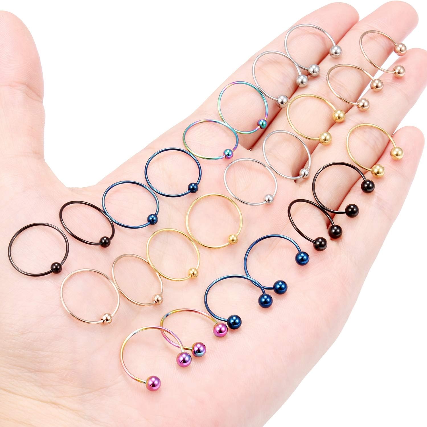 Hoeudjo 24PCS 14G 16G 20G Surgical Steel Horseshoe Captive Bead Nose Septum Hoop Rings Eyebrow Lip Ear Tragus Cartilage Nipple Piercing Jewelry for Women Men 8mm 10mm 12mm 14mm 16mm - Image 3