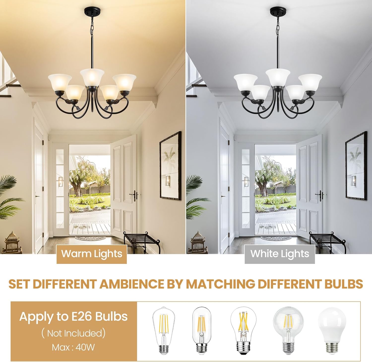 5-Light Black Chandelier, Farmhouse Dining Room Light Fixture with Opal Glass Shade, Modern Chandelier for Dining Room Over Table, Height Adjustable Hanging Lighting Fixture for Kitchen Island Foyer