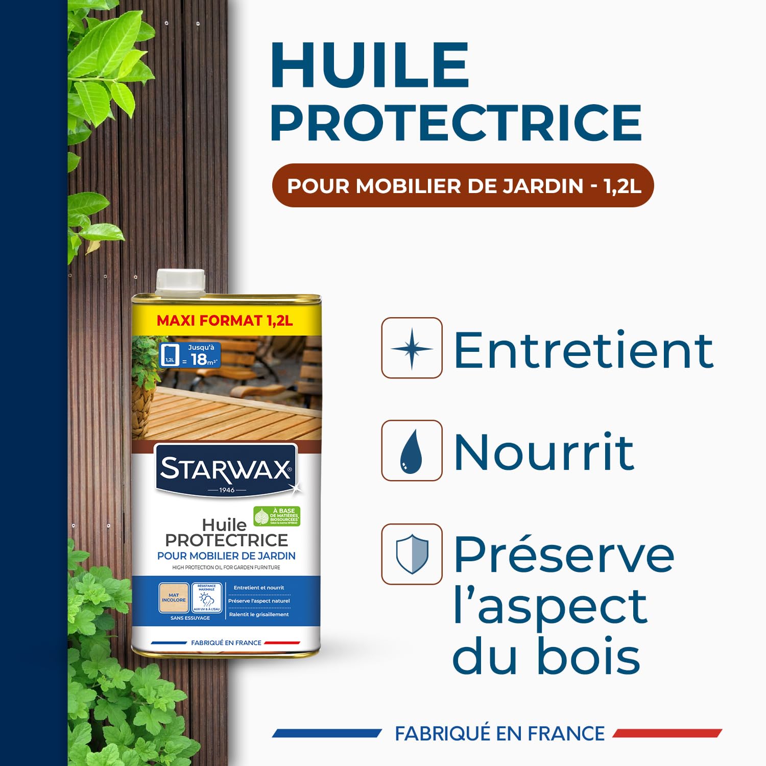 STARWAX Huile protectrice pour mobilier de jardin 1,2L, incolore, nourrit et protège les bois de jardin grisés, anti-tache anti-graisse, barrière anti-UV, préserve l'aspect mat, 15m²/L