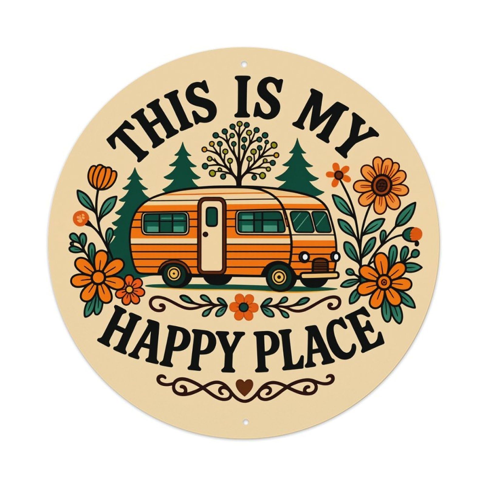 This Is My Happy Place Van And Flowers Round Vintage Tin Sign,Retro Wall Art,Metal Poster for Home, Bar, Garage, Cafe, Rustic Indoor & Outdoor Decor, 8x8 Inches