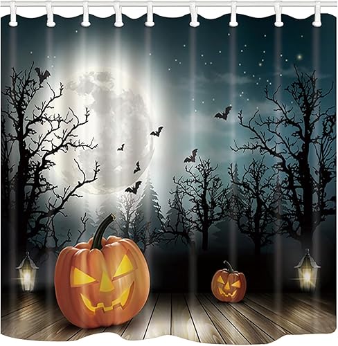 Cortina de ducha de Halloween, bosque espeluznante y luna de calabaza, 72 x 72 pulgadas, juego de decoración de baño de tela de poliéster con 12