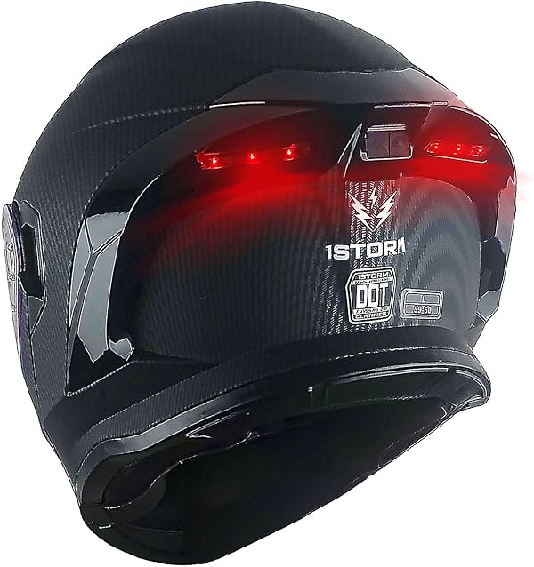 Nuevo Casco Modular Integral para Motocicleta 1Storm con Doble Visor y Protector Solar, con Luz LED Trasera Recargable: LED-X90 Negro Fibra de Carbono