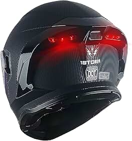 1Storm New Motorcycle Bike Modular Full Face Helmet Dual Visor Sun Shield with Rechargeable LED Tail Light: LED-X90 Carbon Fiber Black