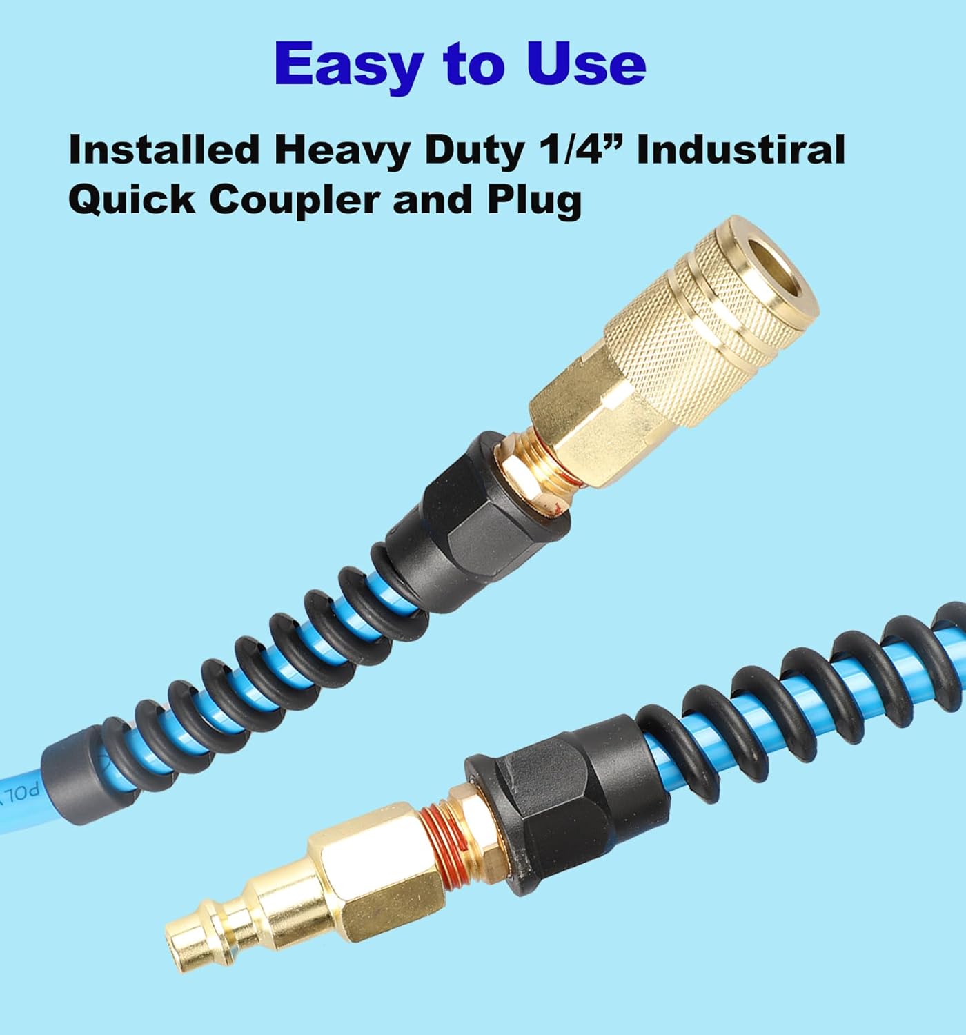 Keepro Polyurethane Recoil Air Hose, 1/4 Inch ID By 25 Feet Long Air Compressor Hose with Repairable Solid Brass 1/4" Industrial Quick Coupler and Plug, 145 PSI Maximum Pressure, Blue