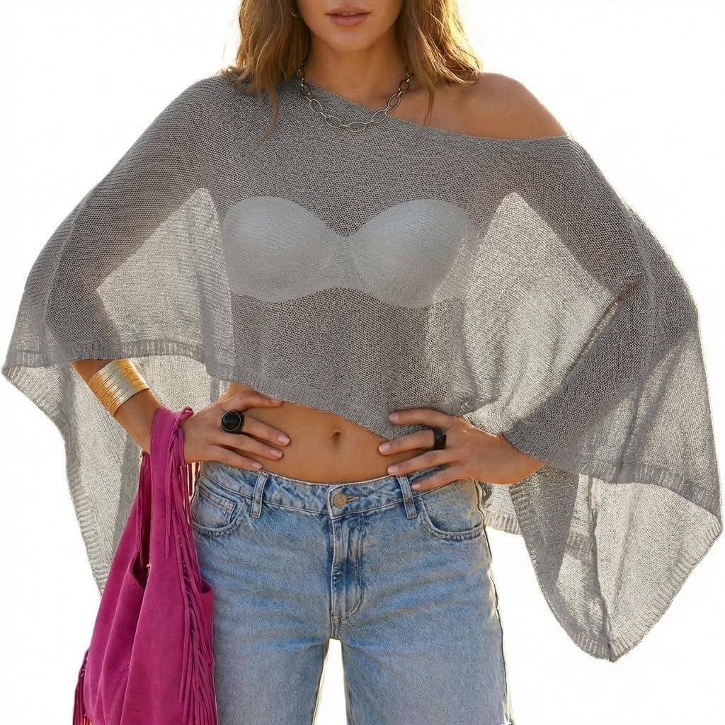 MAKABO Women's Crochet Sheer Poncho Top Lightweight Sparkly Shrug Pullover Knit Bolero Sweater Cover Up Beachwear