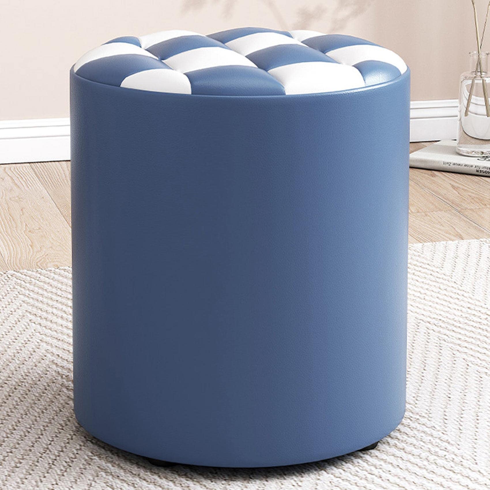 Pouf rond en cuir salon chambre repose-pieds bleu blanc 31x35cm