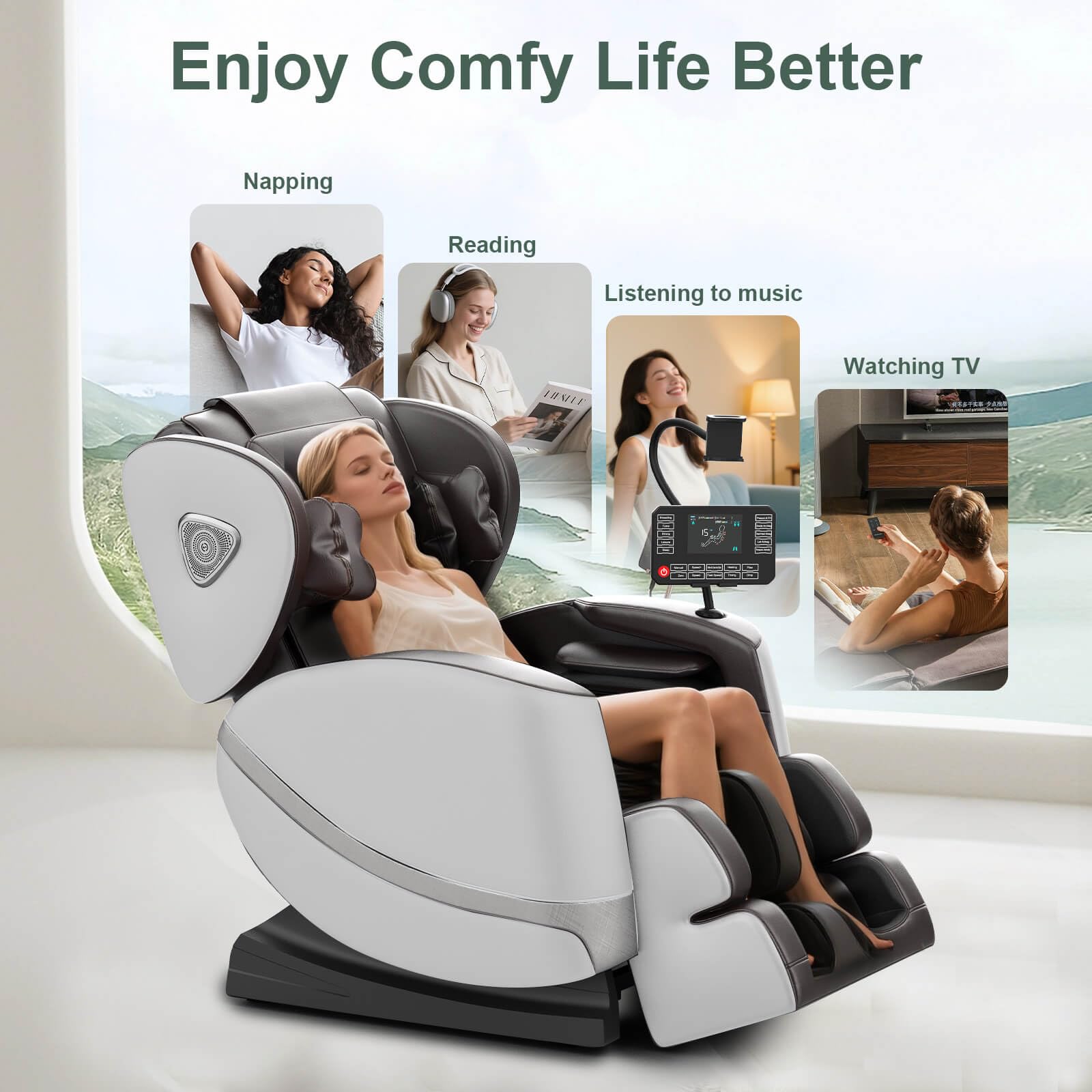 FURNIMAT Massagesessel Ganzkörper Zero Gravity mit Heizung, Airbags, Fußrollen, 10 Massagerollen, Bluetooth, Fernbedienung