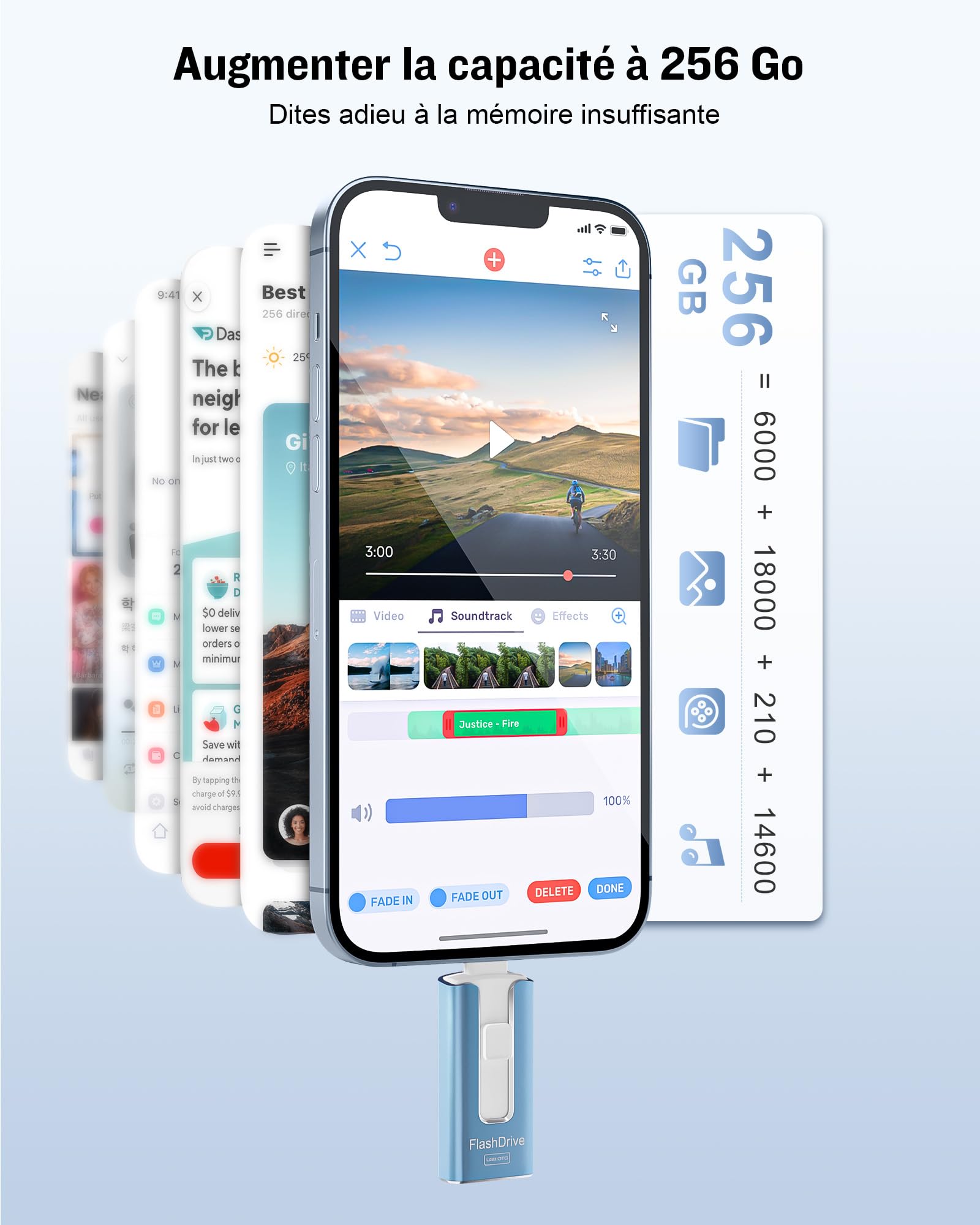 GNASEET Clé USB 256 Go, Transfert Grande Vitesse 3.0, 4 en 1, Stockage Photos, Vidéos, Fichiers pour iOS, Android, Pad, Type C et PC (Bleu)