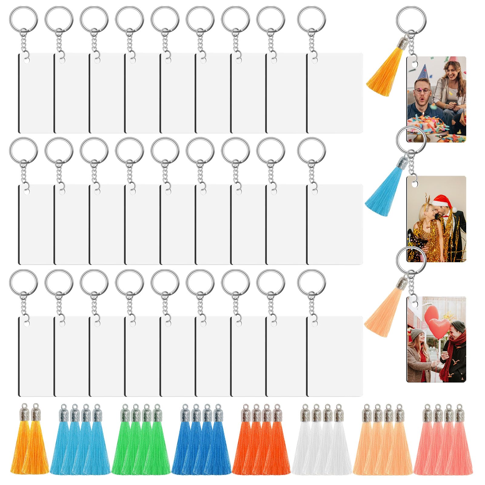 Sublimation Keychain Blanks Bulk 120 Pcs, Double Sided Sublimation Blanks keyrings with Tassels Heat Transfer Customized Keychains Blank MDF Key