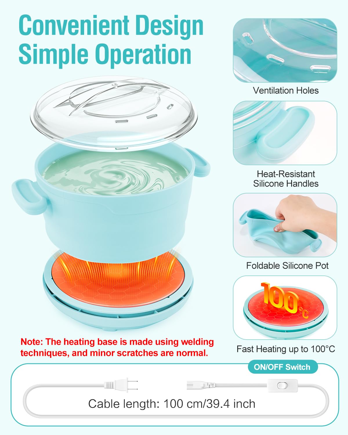 Kit per ceretta, scaldacera pieghevole con 4 confezioni di perline di cera dura, vasetto di cera in silicone per tutto il corpo, viso, sopracciglia, gambe, bikini, kit per la depilazione a casa con 15