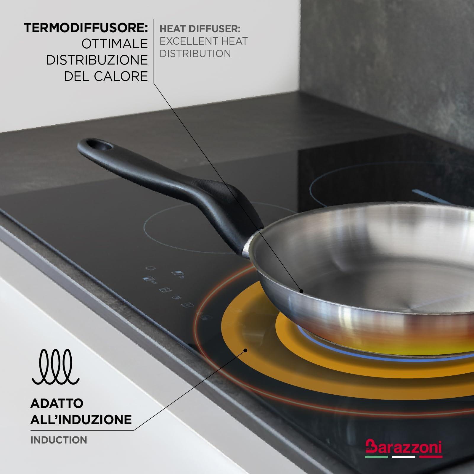 Barazzoni Le Inoxidabili Padella, ø24 cm, Made in Italy, Acciaio Inox 18/10, Induzione+Gas, Triplo fondo, PFAS free