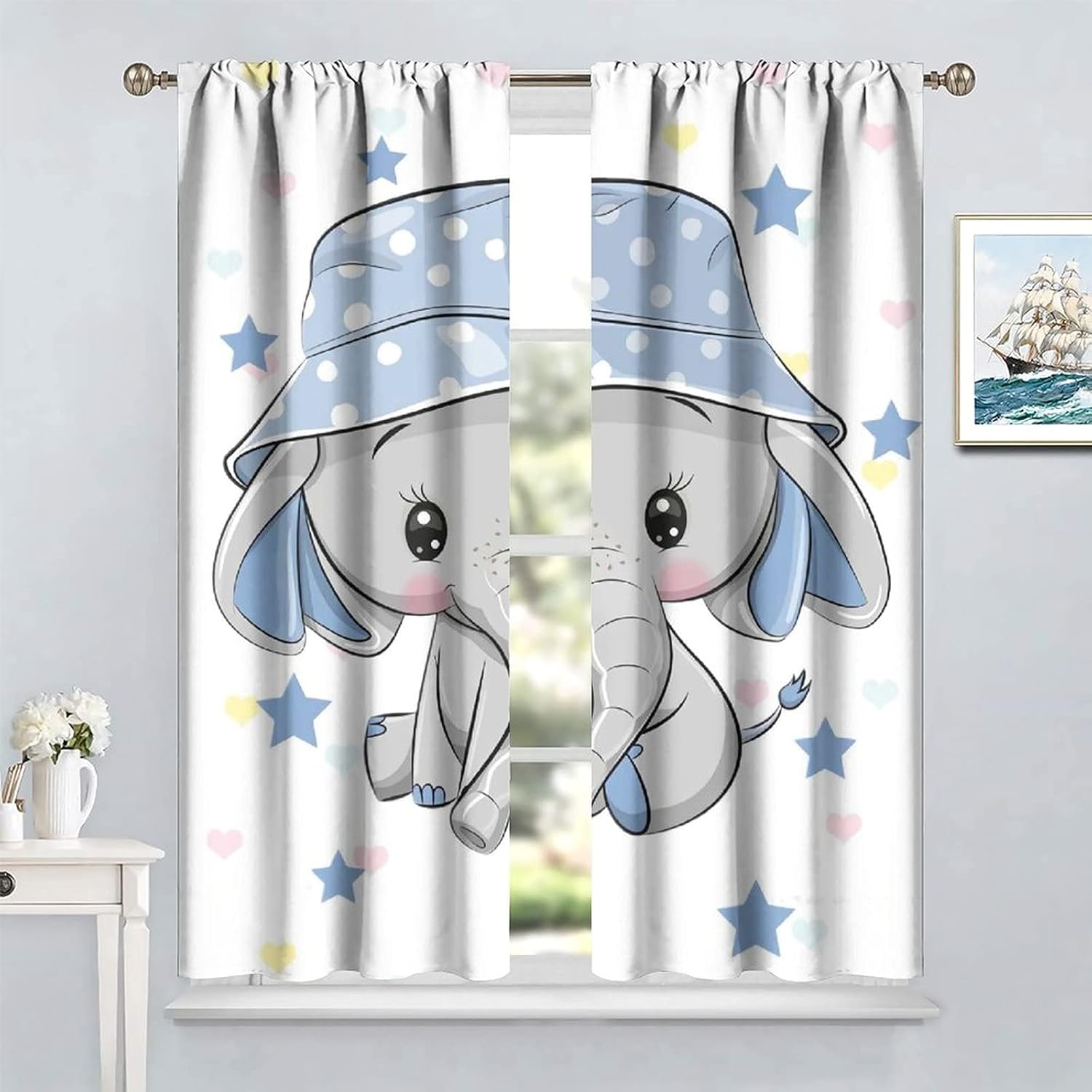 Cartoon Cute Elephant Curtain Nursery Baby Elephant with Blue Hat Windows Drapes for Nursery Room Kids Room Gifts for Boys and Girls Rod Pocket 2 Panels 63L x 36W