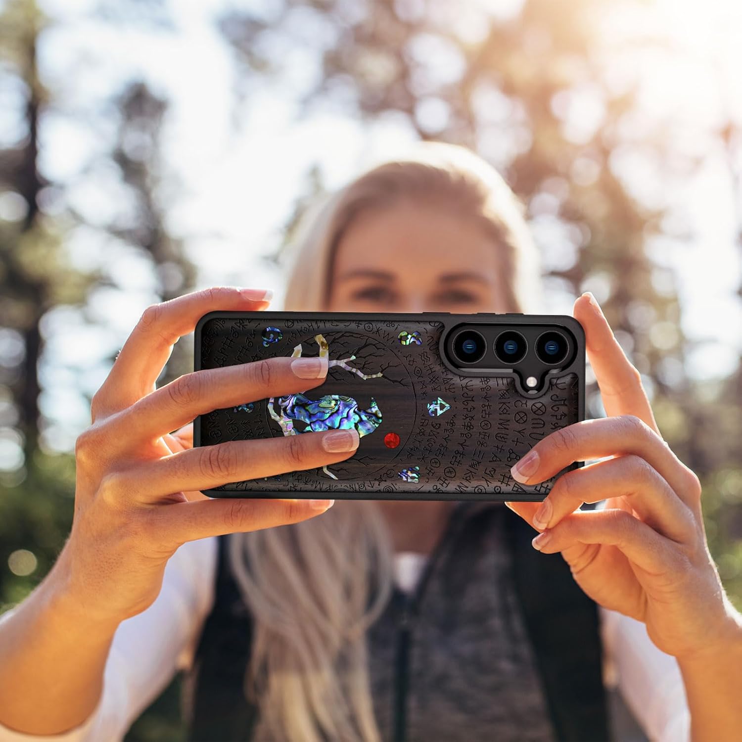 Carveit Designer Wooden Case for Samsung Galaxy S24 Plus Case [Wood Engraving & Shell Inlay] Compatible with Wireless Chargers S24 Plus Cover (Perching Crow-Blackwood)