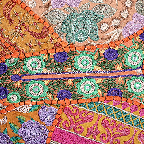 Stylo Culture Indian Boho Floor Cushion Cover Round Vintage Patchwork Kids Pillow Orange Big Round Floor Pillow 22" Decorative Decor Seating Tuffet Seat Pouf Cover Footstool Cotton Embroidered 1 Pc #TOP3