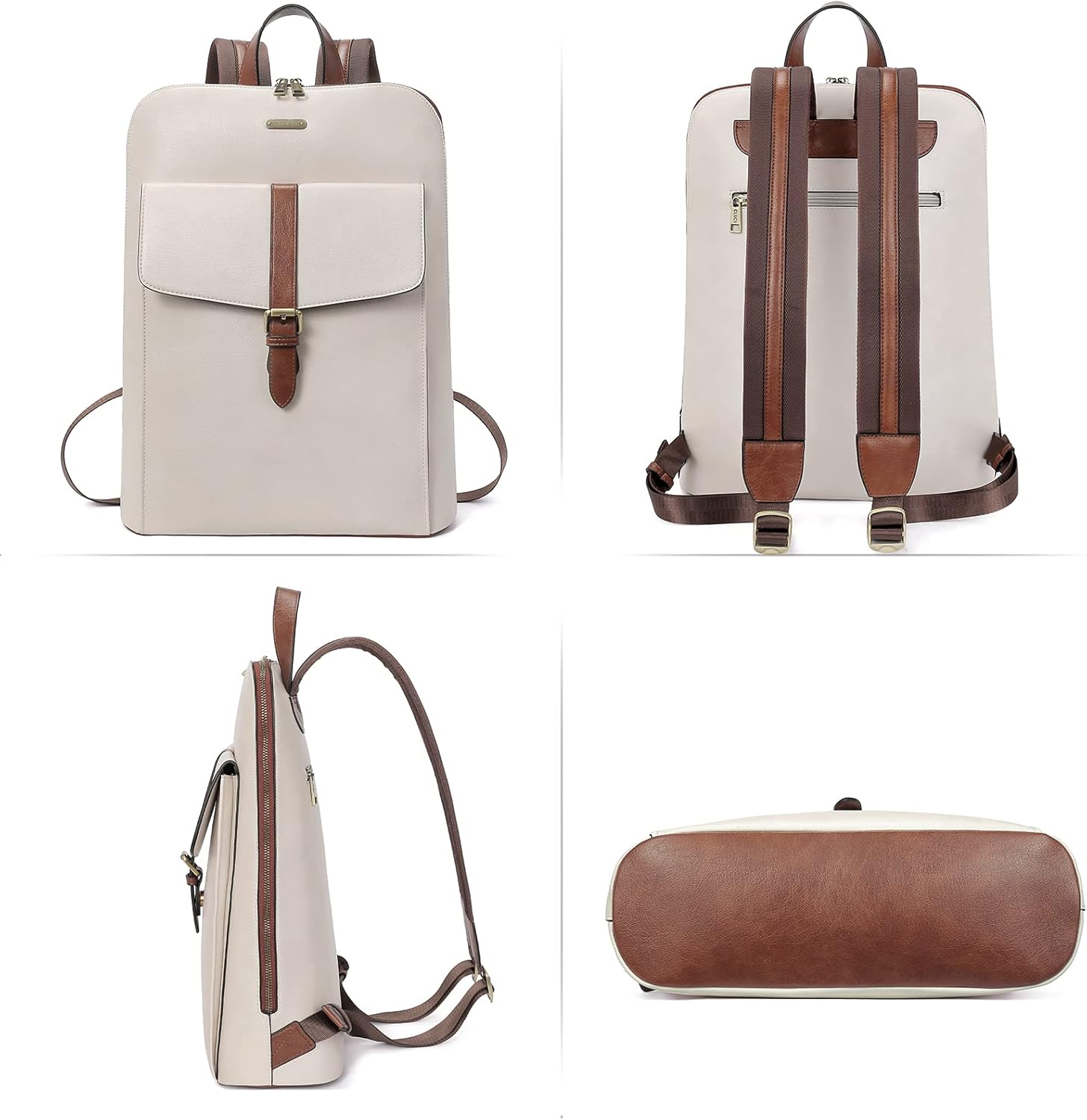 CLUCI Leather Laptop Backpack for Women 15.6 inch Computer Backpack Stylish Travel Backpack Purse for Women Work Daypack Bag Off-white with brown - Image 7