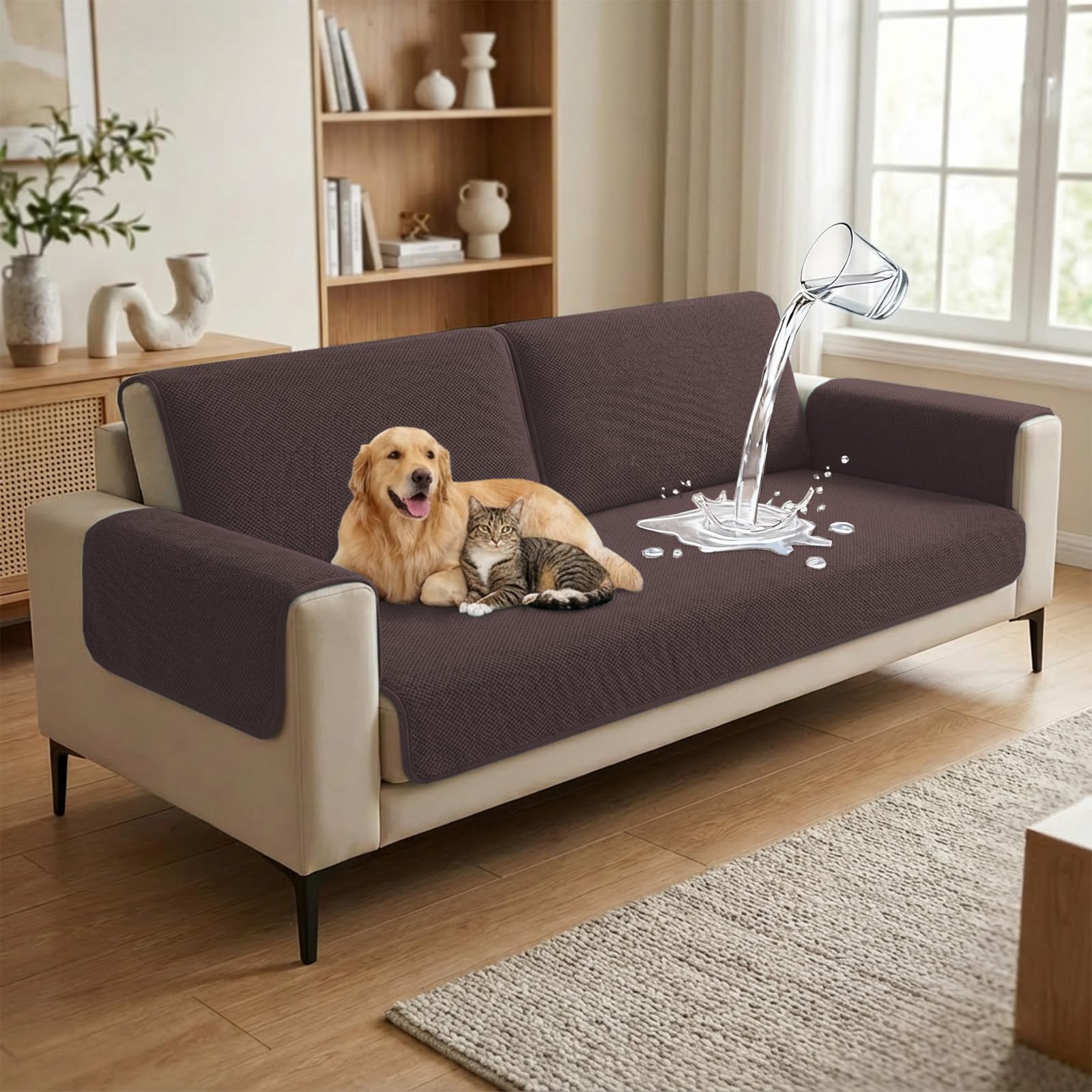 Large Sofa Protector, Waterproof Non-Slip Cover, Sofa Cover for Chaise Longue in L, 90 x 210 cm, Brown