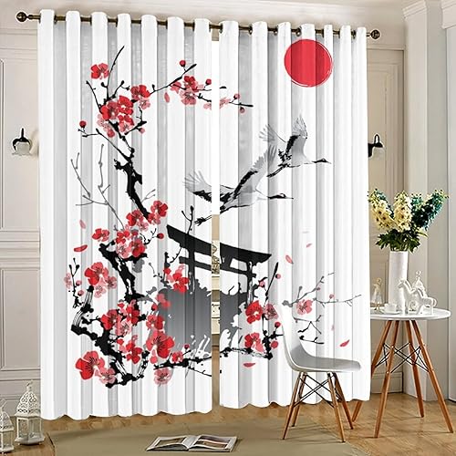 Miniatura 5 de Cortinas opacas de grúa japonesa de acuarela para sala de estar, tinta rústica, flores Torii japonesas, flores de cerezo, grúas con ojales,