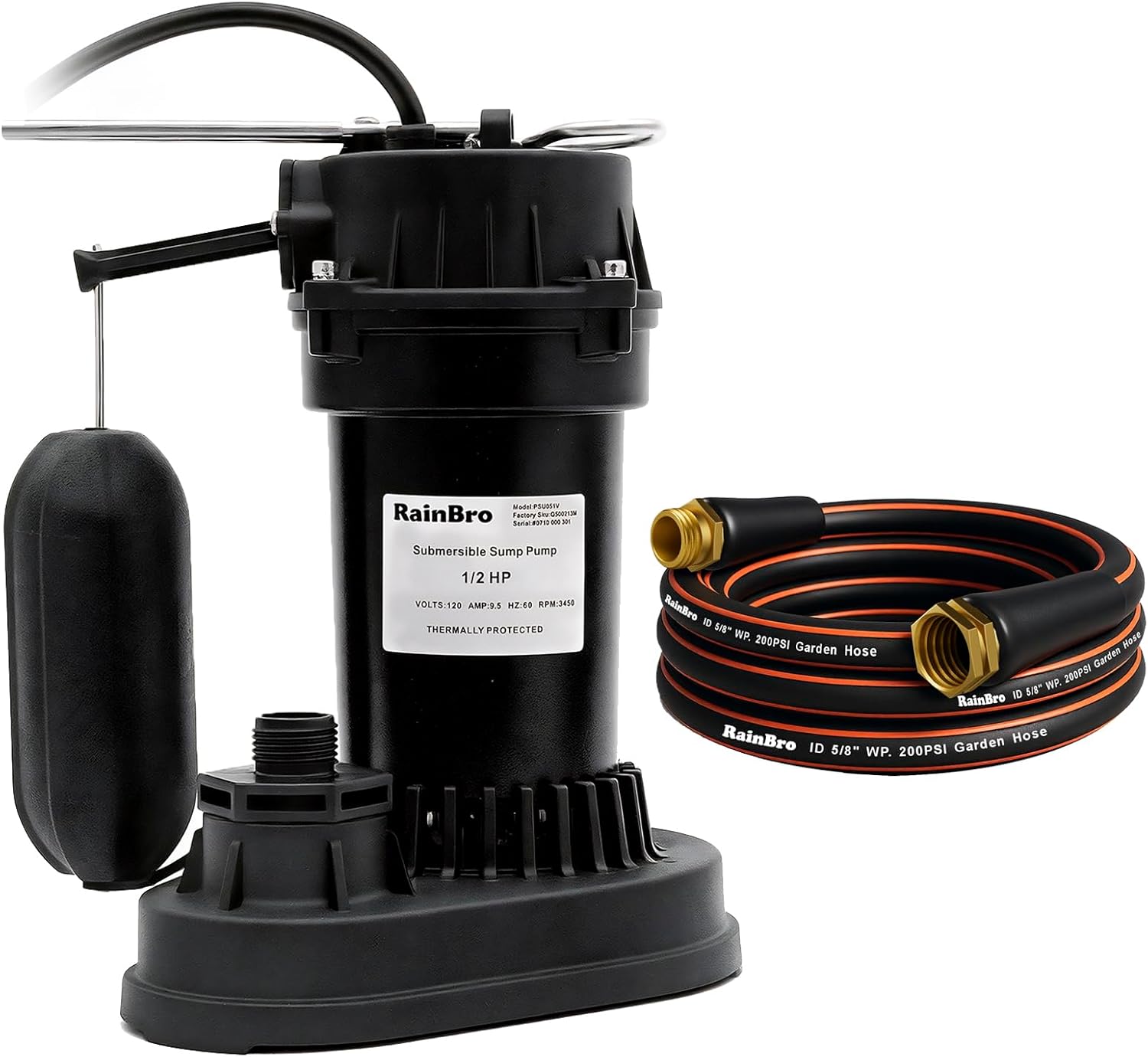 Thermoplastic Submersible Sump Pump With Vertical Float Switch, 10ft. Garden Hose