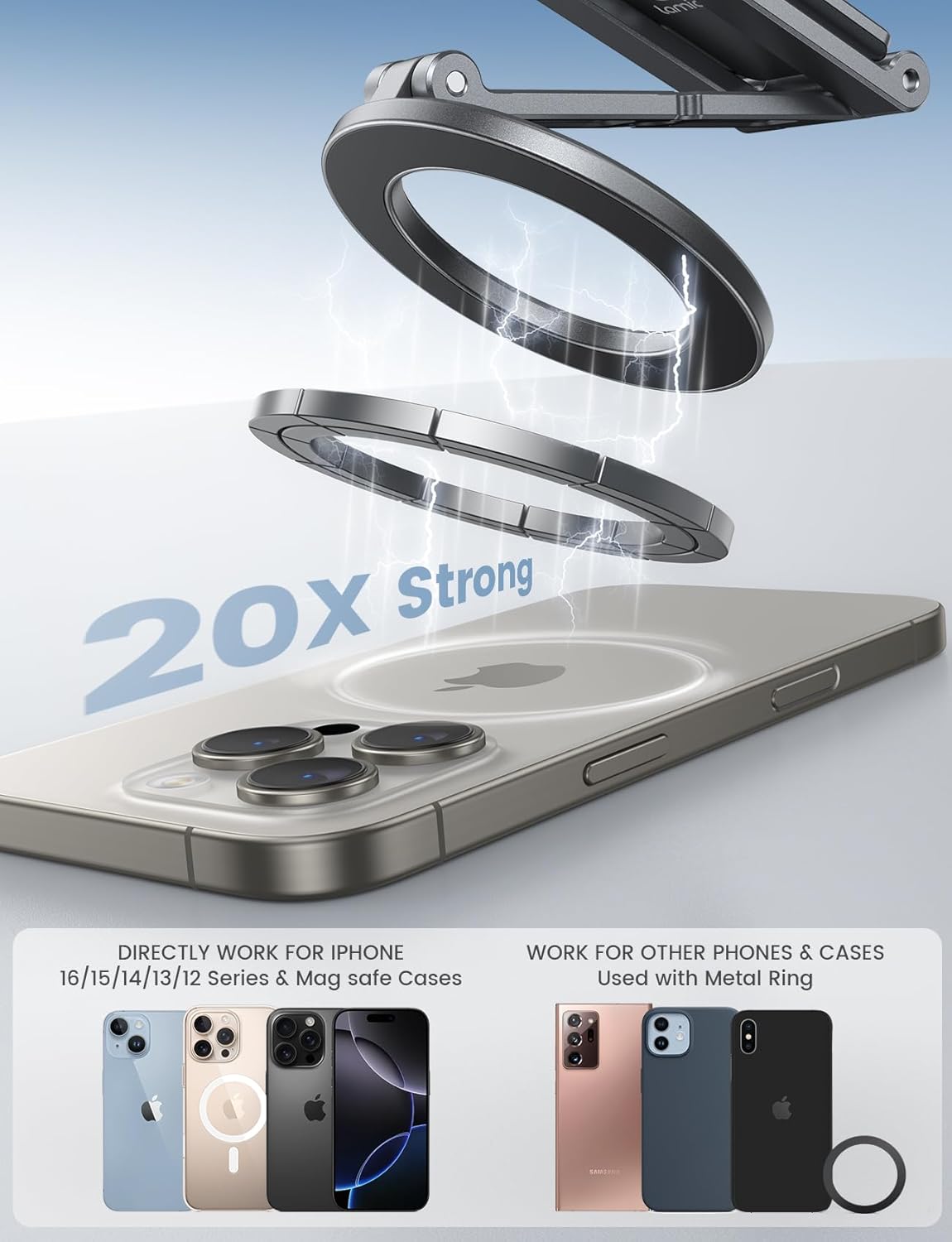 Lamicall for Magsafe Tripod Stand - [Ultra-Compact] Aluminium Magnetic Phone Tripod for iPhone 17/16 Pro Max Air, Flexible Cell Phone Bedstand Mount with 1/4" Screw, Arca & Hook Fits Travel Desk Grey