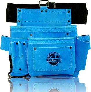 GRAINTEX SS2045 5 Pocket Nail & Tool Pouch Blue Color Suede Leather with 2” Webbing Belt for Constructors, Electricians, Plumbers, Handymen