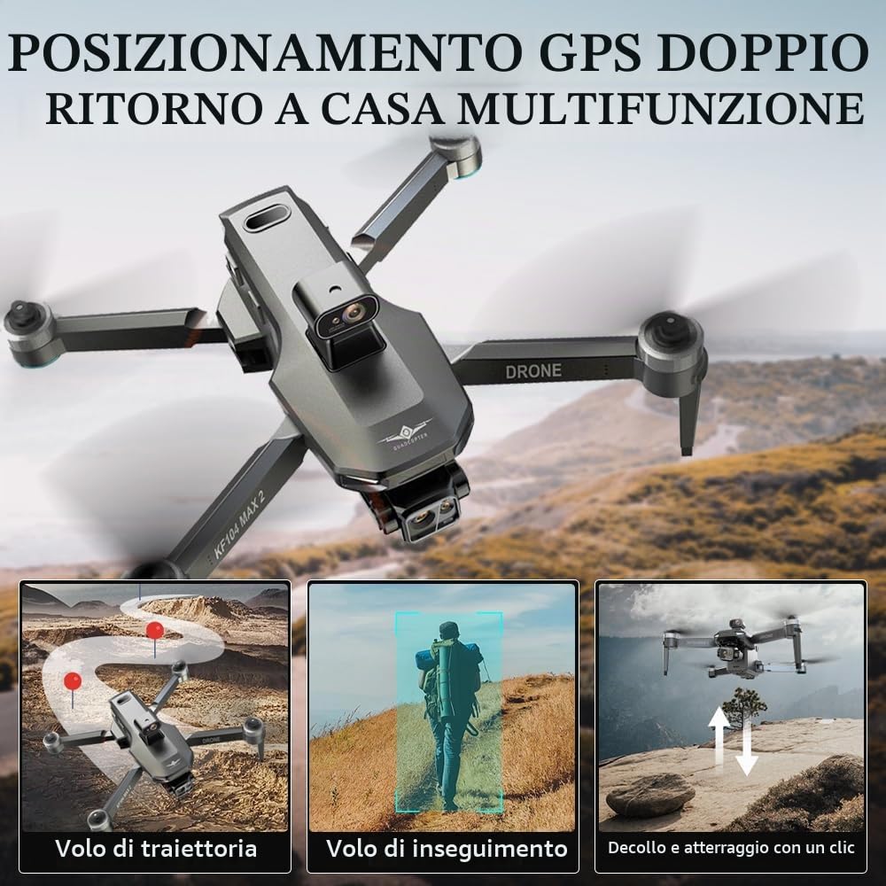 X-Verse KF104 MAX2 Drone con Telecamera 4K HD EIS, Schermo RC, Distanza del Telecomando di 6KM, Gimbal a 3 Assi, Evitare gli ostacoli in 4 direzioni, GPS Digitale Trasmissione Droni- 2 Batterie