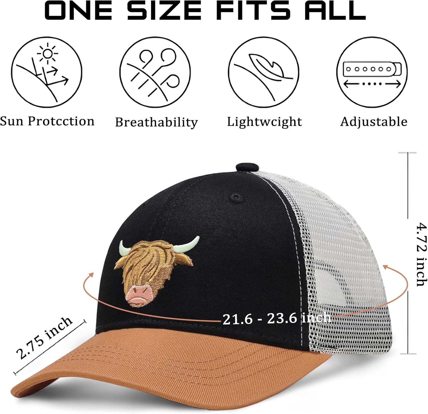 Highland Cow Hat-Cow Print Hat,Highland Cow Gifts for Women/Men,Cute Hats-Funny Trucker Hat - Image 4