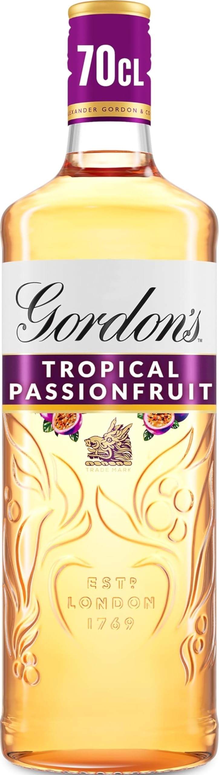 Gordon's Tropical Passionfruit Distilled Gin | 37.5% vol | 70cl | Tropical Passionfruit Flavours with Juniper Notes & Gin Botanicals | Enjoy in a Gin Glass with Tonic | Flavoured Gin