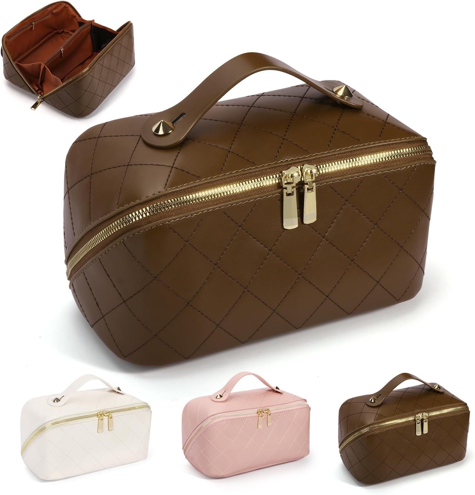 Deciniee Makeup Bag, Travel Makeup Organiser Bag with Handle Portable Zipper Cosmetic Bags, Make up Bag PU Leather Waterproof, Professional Beauty Make up Bag for Women Girls Travel Daily Use, Brown