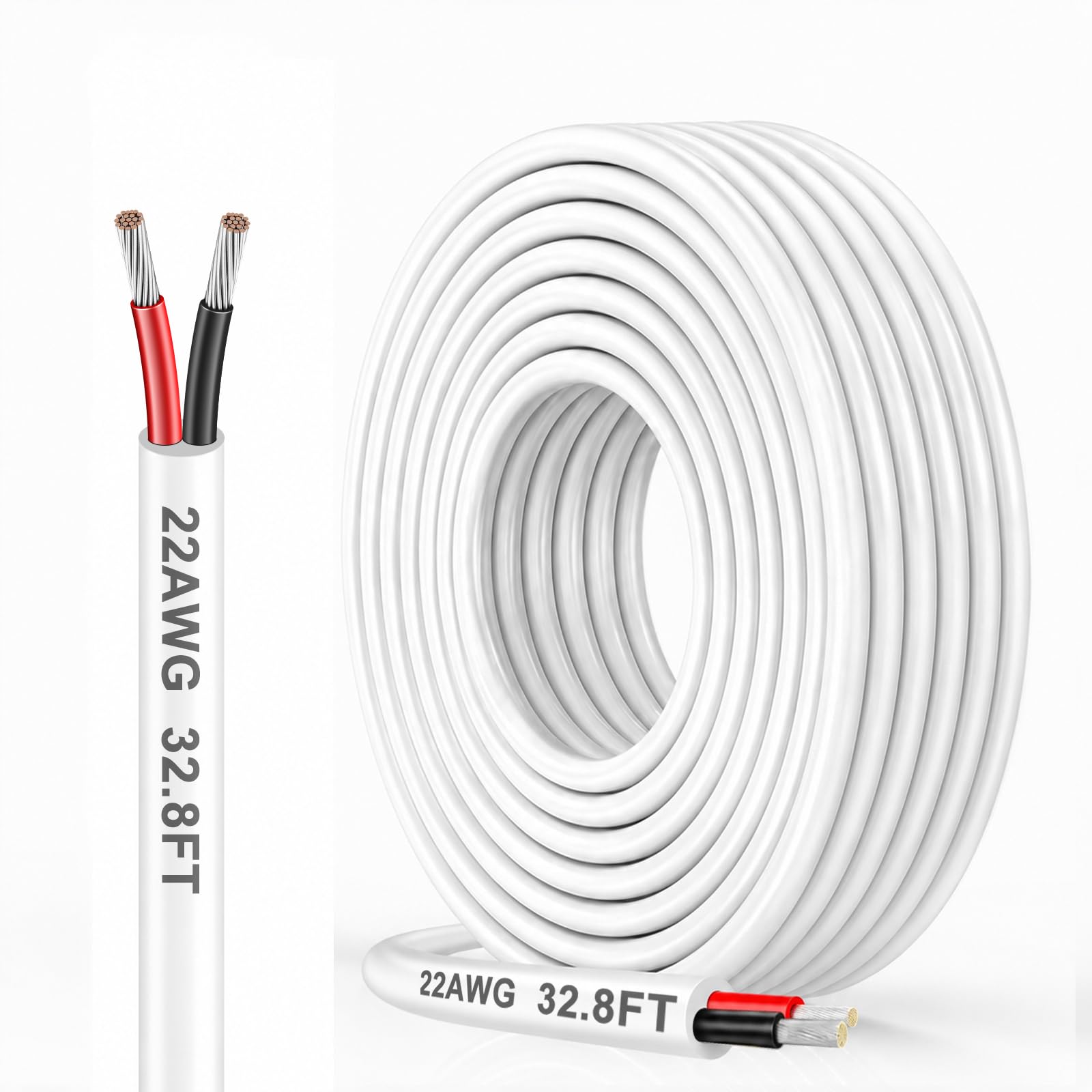DEKIEVALE White 22AWG 2 Core Electrical Wire, 2x0.3mm² Tinned Copper Cable, 10M Flexible Low Voltage Extension Wire for 5V/12V/24V, LED Lighting, Automotive Wiring and Speaker Applications