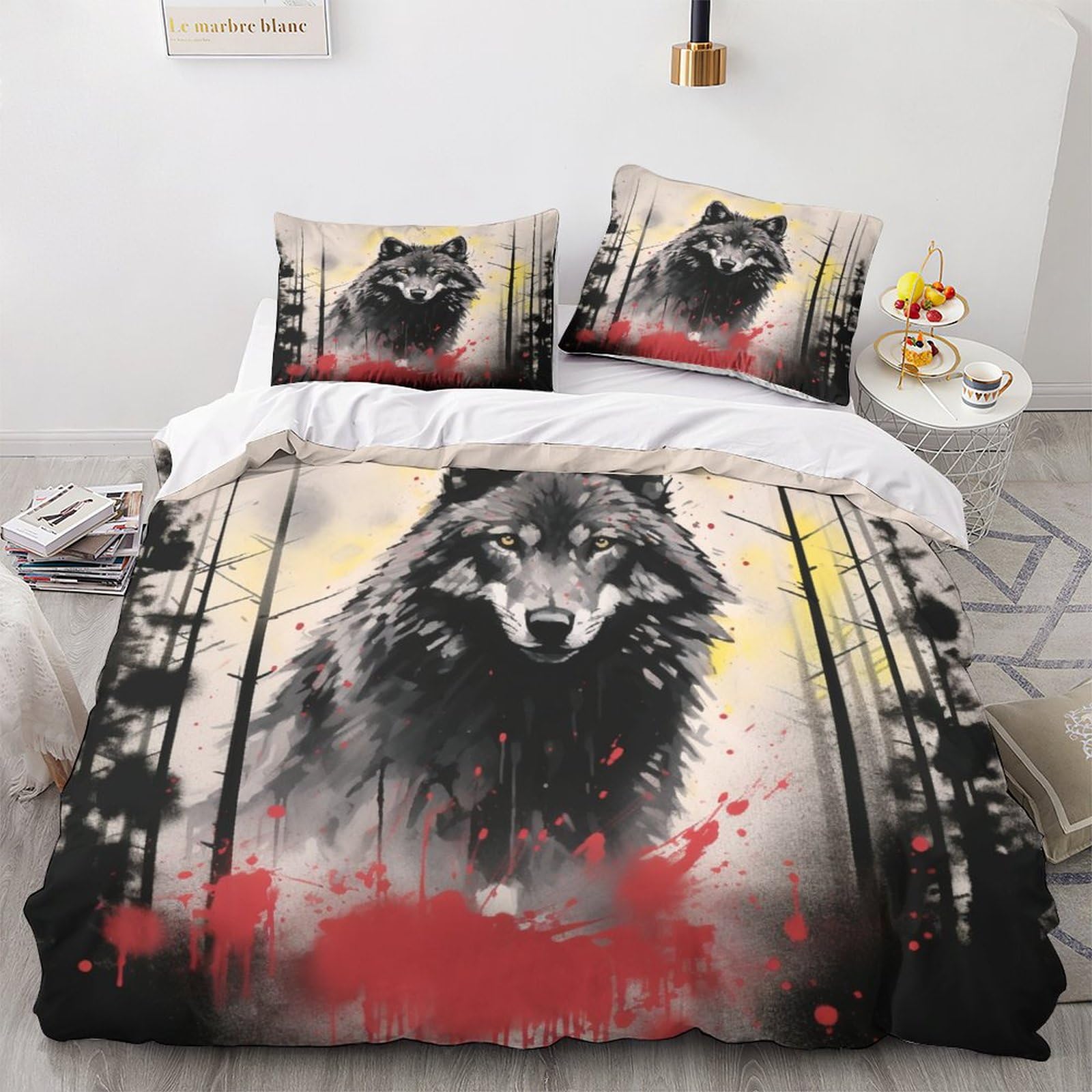 Housse de couette Loup 3D parure de lit anti-glisse zippée microfibre King size