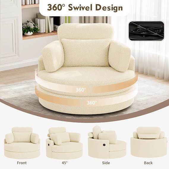 Oversized Swivel Chair with Ottoman, 41.3 Swivel Accent Chair, Barrel Chairs with USB Charging Port, Round Chaise Lounge Indoor with 4 Pillow, Reading Chairs for Living Room (Beige, Large)