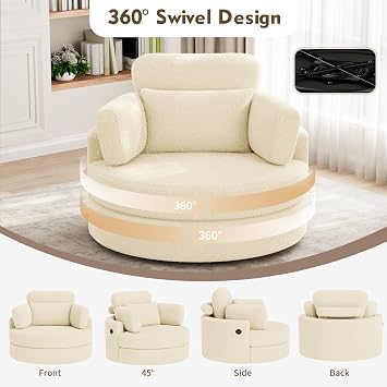 Oversized Swivel Chair with Ottoman, 41.3 Swivel Accent Chair, Barrel Chairs with USB Charging Port, Round Chaise Lounge Indoor with 4 Pillow, Reading Chairs for Living Room (Beige, Large)