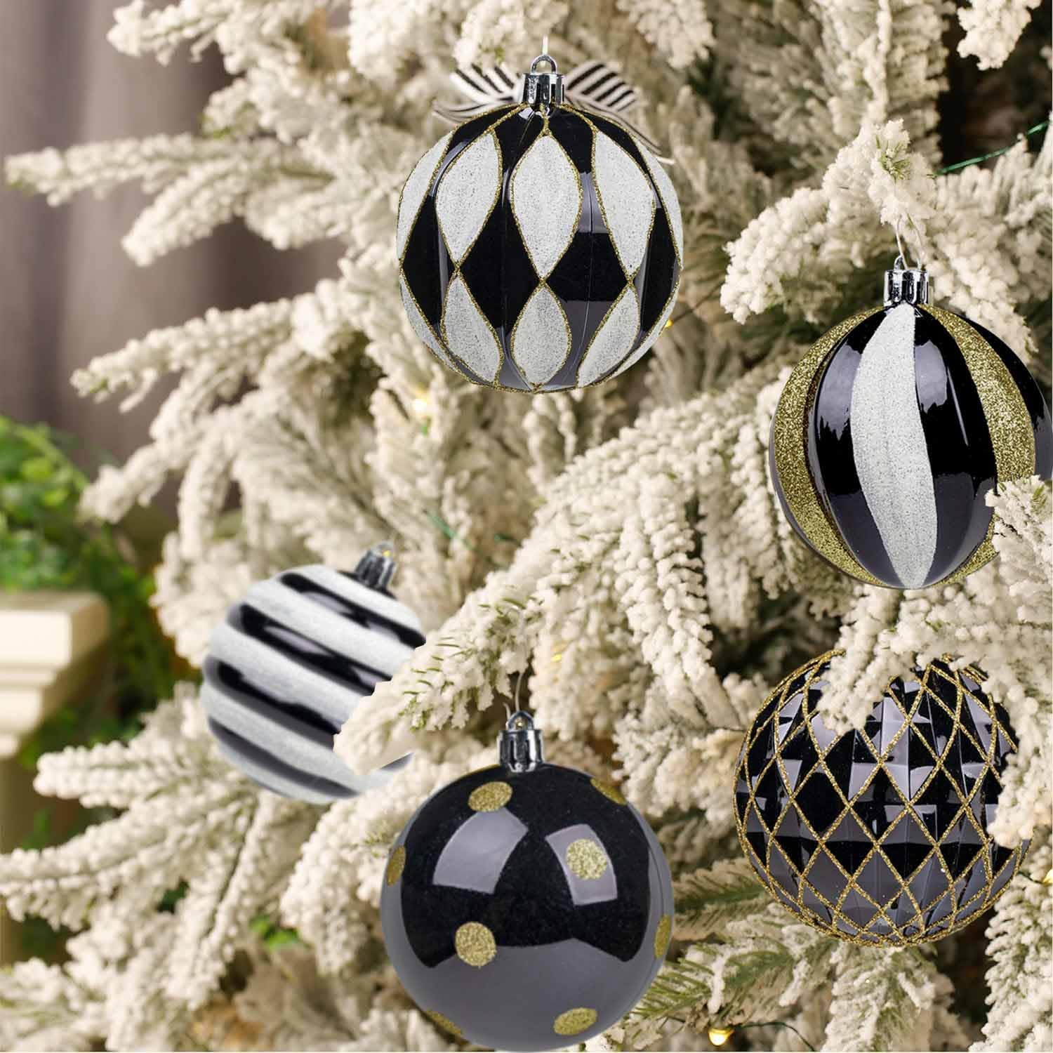 Christmas Ball Ornaments Set, 16ct 80mm Black Gold and White Assorted Xmas Tree Ball Ornaments, Shatterproof Christmas Tree Hanging Ornaments for Xmas Decoration