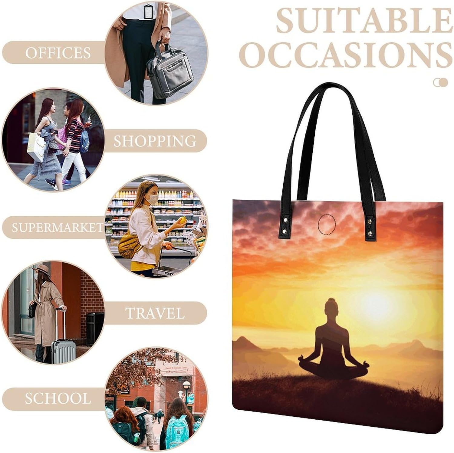Yoga Meditation Tote Bag with Magnetic Buckle Reusable Grocery Bags Lightweight Cross Body Handbag for Daily Essentials